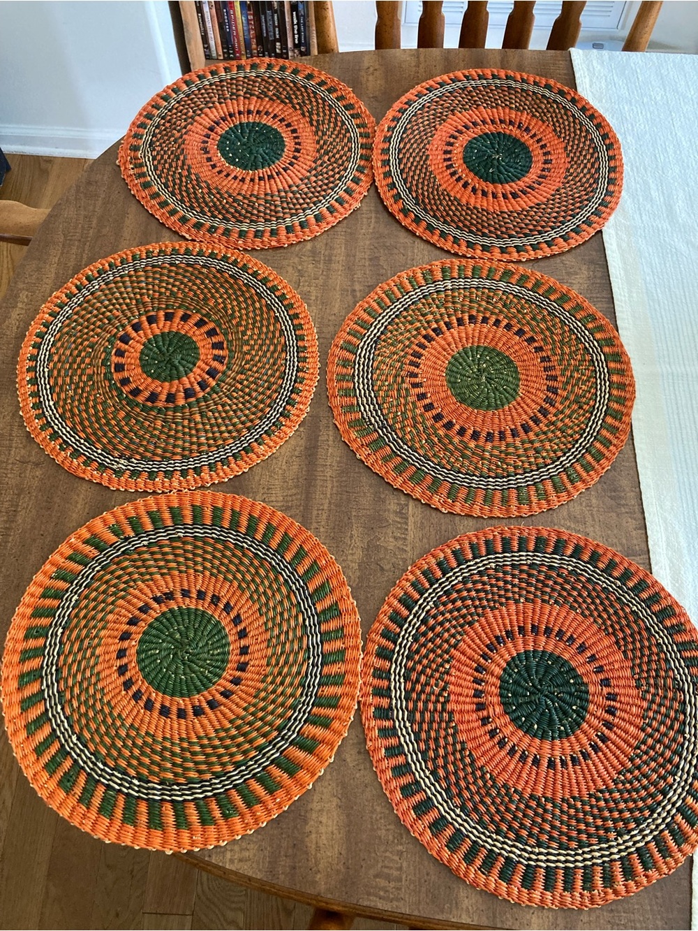 Hand Crafted Orange and Green Woven Round Placemats - Set of 6